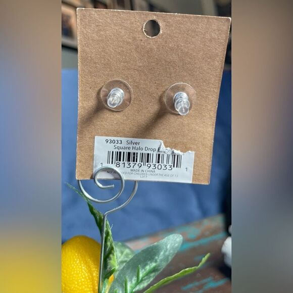 NEW! Square Halo Crystal Drop Earrings Silver Genuine Cubic Zirconia NWT - Picture 3 of 6